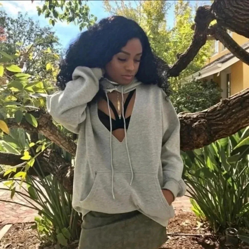 Emma & Sam Cutout Long Sleeve Hoodie Sweatshirt Gray Loungewear Women’s Size S